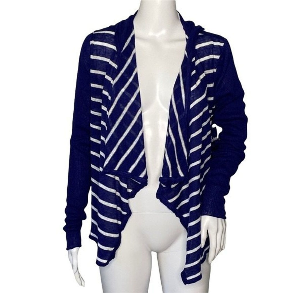 Chaser Sweater Women Medium Open Cardigan Blue White‎ Striped Hood Waterfall Hem